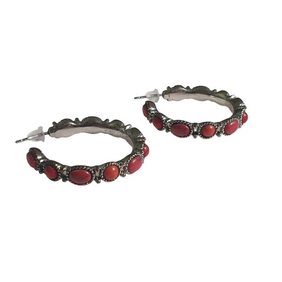 Vintage Red Bead Hoop Earrings Silver Tone Design Fashion Gift Mom Beach Core - Picture 2 of 3